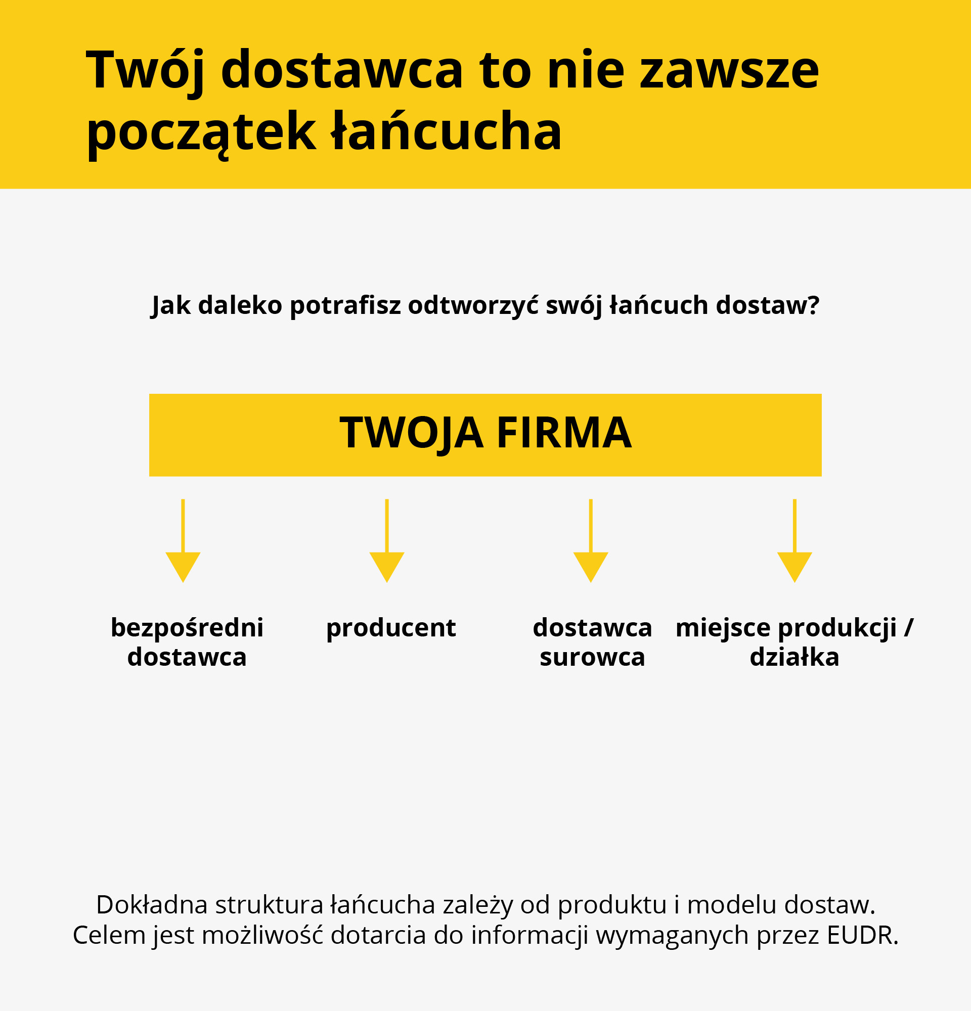 Schemat łańcucha dostaw EUDR prowadzący od firmy przez bezpośredniego dostawcę, producenta i dostawcę surowca do miejsca produkcji.
